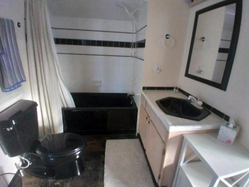 a small bathroom with a toilet and a sink at Moosedance 2 bedroom suite, beautiful views in Anchorage