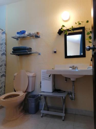 a bathroom with a toilet and a sink and a mirror at Beautiful condo a few steps to sea in Cancún