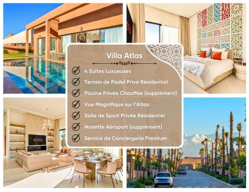 a collage of pictures of a villa at Villa Atlas - Luxe - 4 Suites Modernes - Fitness - Piscine Chauffée - Terrain de Padel - Vue Montagne in Marrakesh