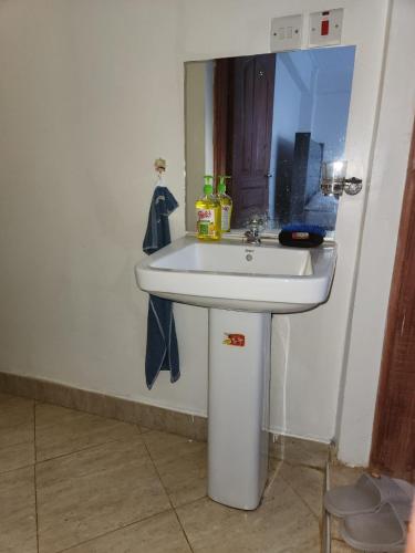 a white sink in a corner of a room at Ansan Comfort in Gatunga