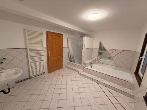 a bathroom with a sink and a shower and a tub at Monteur Darius in Spiesheim