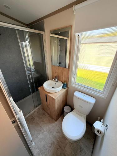 a bathroom with a toilet and a sink and a shower at Parkside Retreats in Kirby Misperton