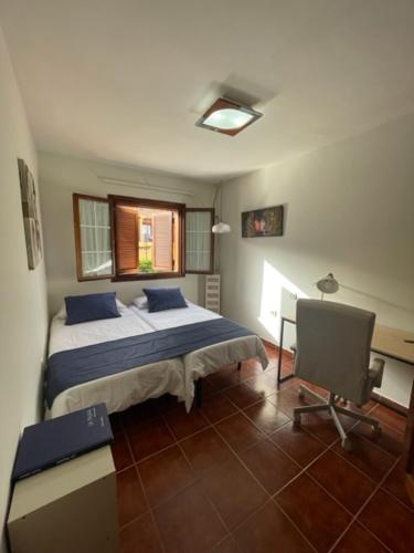 a bedroom with a bed with blue pillows and a window at Lourdes 1 casa compartida solo con la anfitriona in Breña Baja