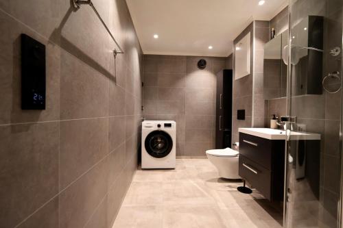 a bathroom with a washing machine and a toilet at Arctic City Suites 1 in Kirkenes