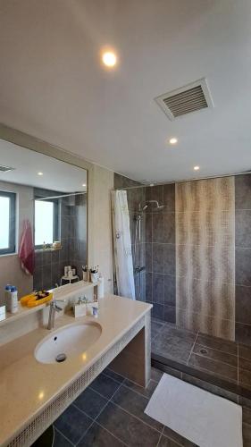 a bathroom with a sink and a shower at Seaview Villa Theologos in Theologos