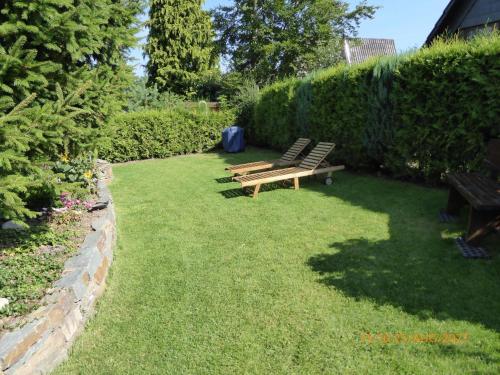 a garden with a wooden bench in the grass at Holiday Home Eifelwaldhäuschen by Interhome in Blankenheim