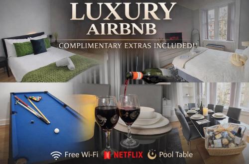 a advertisement for a luxury apartment with a pool table and wine glasses at FREE Pool Table Cinema Room TableTennis AirHockey Glasgow City in Glasgow
