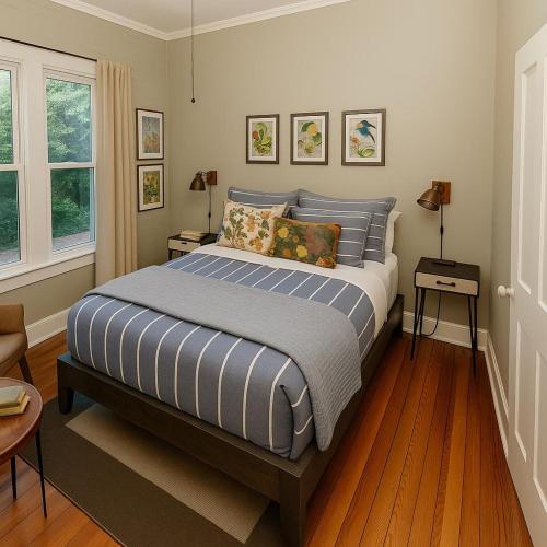 a bedroom with a bed with blue and white stripes at Gingerbird Art Suite in Laurel