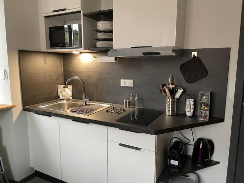 a kitchen with white cabinets and a sink at Studio 3 étoiles avec grand JACUZZI PRIVÉ in Horbourg