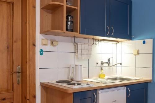 a small kitchen with blue cabinets and a sink at Apartment Jursport in Závažná Poruba