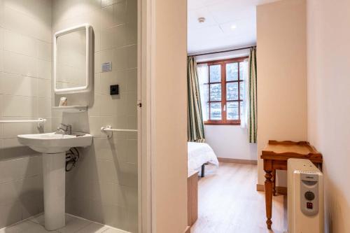 a bathroom with a sink and a mirror at Hotel Hipic in Vielha