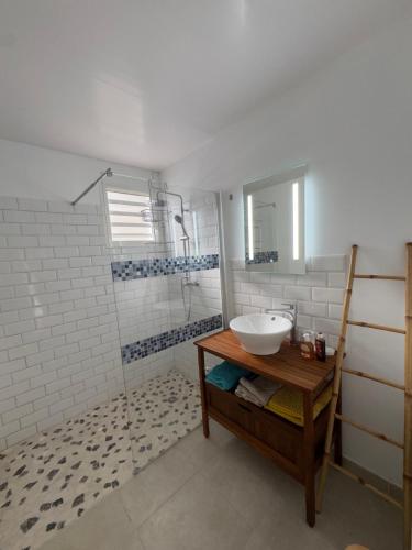 a bathroom with a sink and a shower at Villa Altura in Rivière-Salée