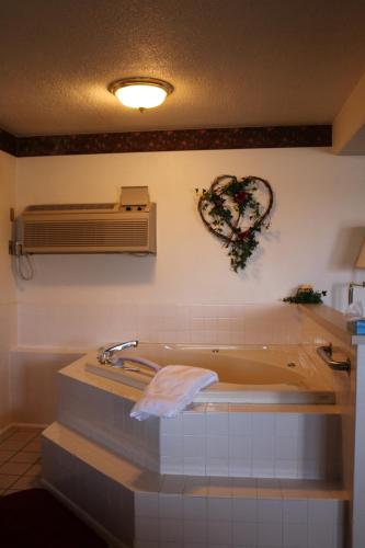 a bath tub in a bathroom with a heart on the wall at Dakota Inn in Huron