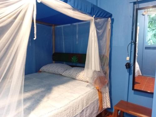 ein Bett mit Himmelbett in einem blauen Zimmer in der Unterkunft Casa MarMaria in Puerto Viejo