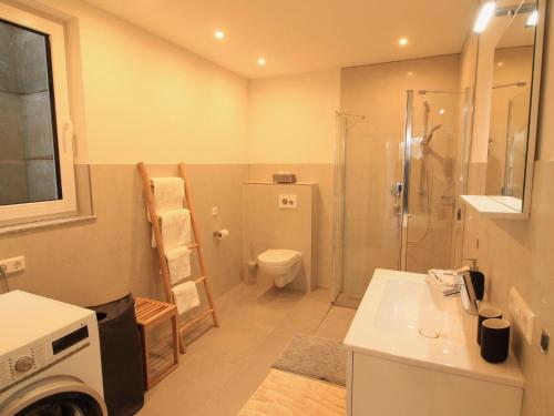 a bathroom with a shower and a toilet and a sink at Apartment Feldblick by Interhome in Hartheim