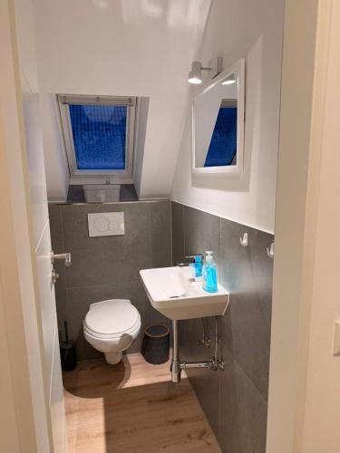 a small bathroom with a toilet and a sink at Harlehaus Nina in Friedrichsschleuse