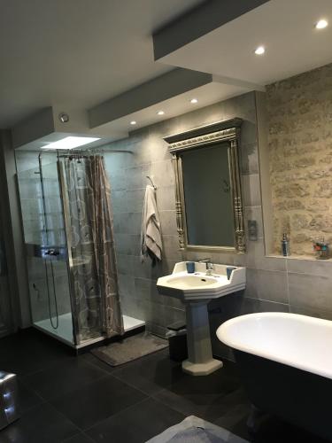 une salle de bain avec un lavabo et une douche dans l'établissement Moulin De Coupigny, à Fontenille-Saint-Martin-d'Entraigues