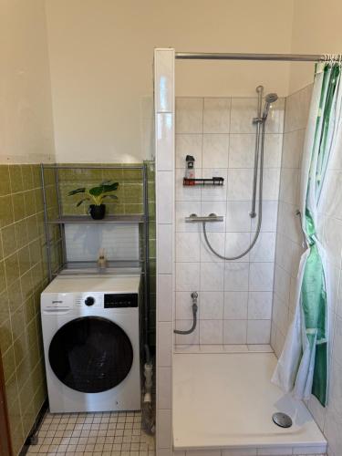 a washing machine in a bathroom with a shower at Bettina City Flat - Ground Floor in Werne an der Lippe