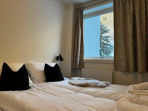 a bed with a cat laying on it in front of a window at Oppheim Resort - Pool, Sauna & Lake! in Vossevangen