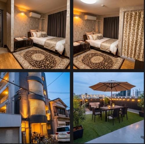 a collage of four pictures of a hotel room at 大阪梅田西3a in Osaka
