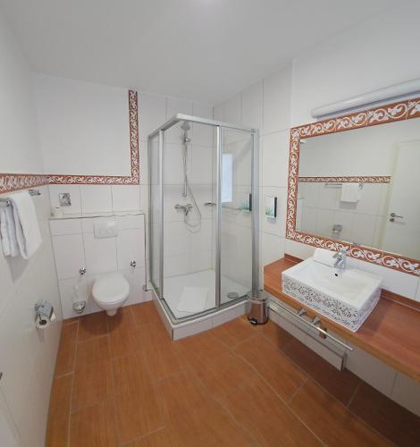 a bathroom with a shower and a toilet and a sink at Hotel Altes Weinhaus in Neustadt an der Weinstraße