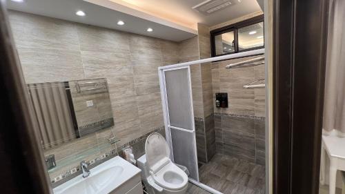 a bathroom with a shower and a toilet and a sink at 荷民宿 HO Homestay in Yuanshan