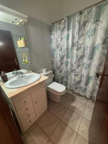 a bathroom with a sink and a toilet and a shower curtain at Casa do Arco in Arco da Calheta
