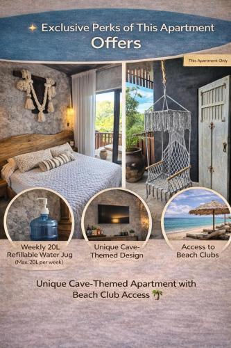 a collage of pictures of a room with a bed at "Designer Cave Loft" in Tulum Hotel Zone - Beach Club included in Tulum