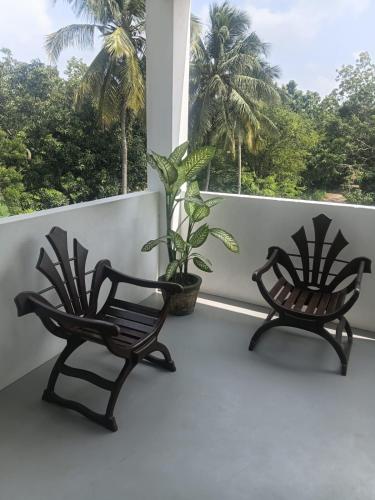 two chairs sitting on a balcony with a plant at Wijaya Garden Hotel in Anuradhapura