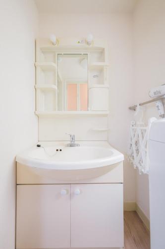 a white bathroom with a sink and a mirror at Villa Kokubunji Stay in Kokubunji