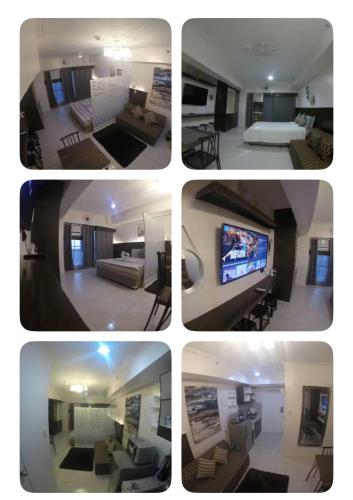 a collage of four pictures of a living room at TAGAYTAY PRIME RESIDENCES Big Group AMAZING HOMES unit2038-reach by viber in Tagaytay