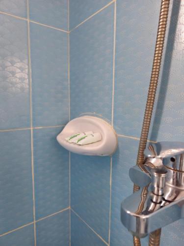 a bathroom with a toothbrush holder on a blue tile wall at Ras Al Hadd Guest House in Al Ḩadd