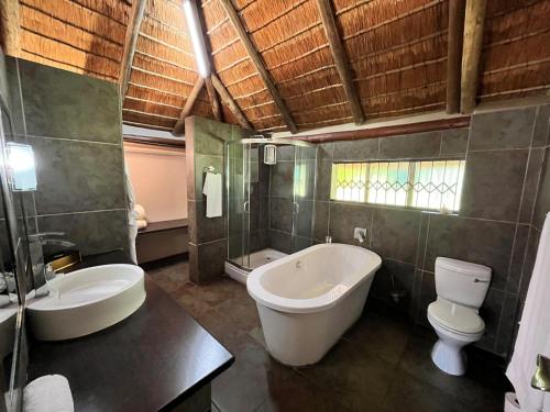 a bathroom with a tub and a toilet and a sink at Waterglen Guest Lodge in Rustenburg