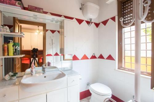 a bathroom with a sink and a toilet and a mirror at Annie's Home in La Giustiniana