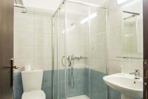a bathroom with a shower and a toilet and a sink at Rio Hotel in Kardamaina
