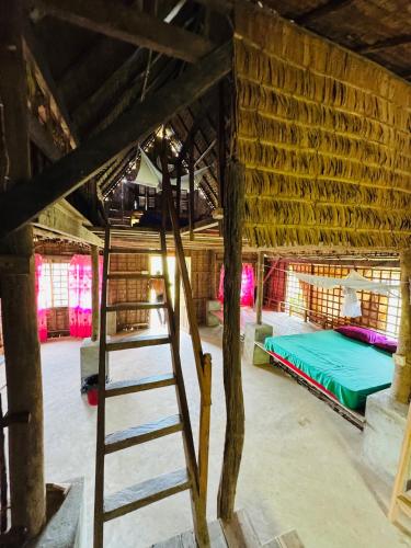 a ladder in a room with two beds and a bunk bed at Eco Lotus Kampot in Kampot