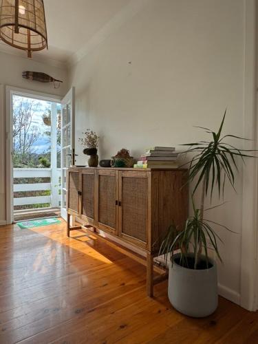 a living room with a wooden cabinet and a potted plant at Manaia - A little bach near the beach in Moruya Heads