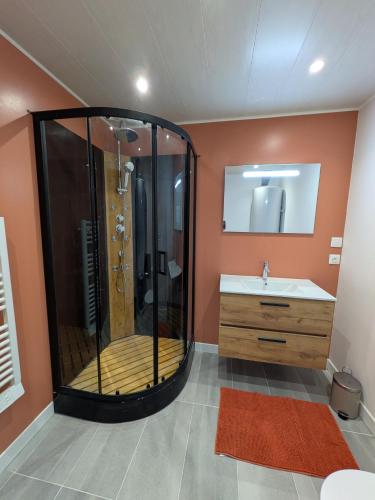 a bathroom with a shower and a sink at Gîte du Portz in Ploërdut