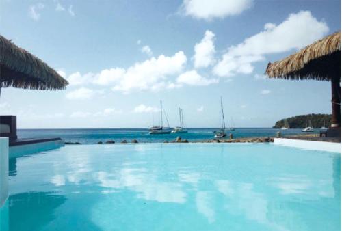 a swimming pool with a view of the ocean at Tenuta Chatham Bay in Union Island
