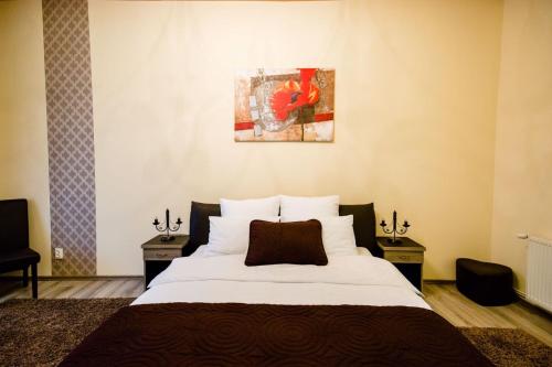 een slaapkamer met een groot bed en een schilderij aan de muur bij Anna Central Studio in Sibiu
