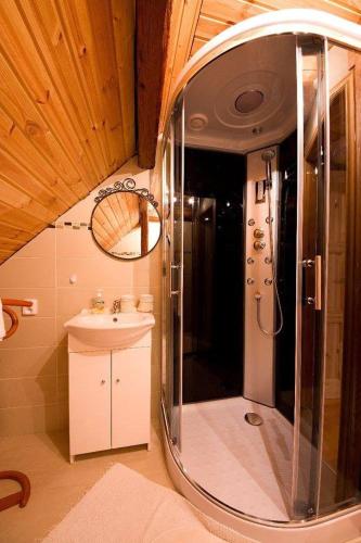 a bathroom with a shower and a sink at Apartmánek u Špičáku in Albrechtice v Jizerských horách