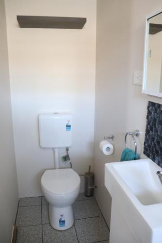 a bathroom with a white toilet and a sink at The Sundown Stay in Dubbo
