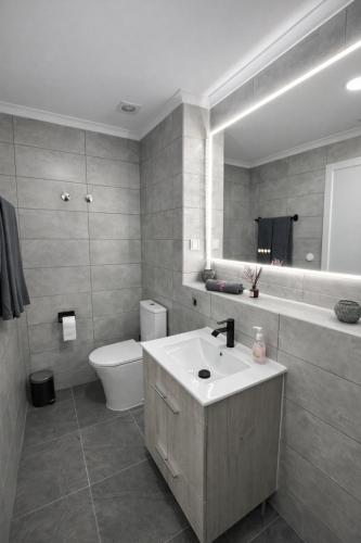 a bathroom with a sink and a toilet and a mirror at Casa Silva Diamond in Pinhal Novo