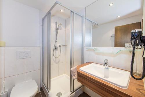 een badkamer met een douche, een wastafel en een toilet bij Apart Alpen in Längenfeld