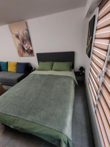 a small bedroom with a bed and a couch at Ella1 in Sremska Kamenica