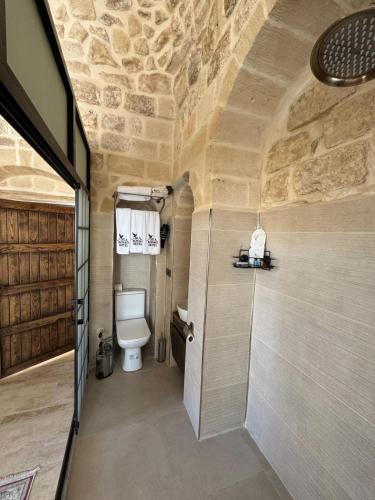a small bathroom with a toilet and a stone wall at Sıla Konağı Hotel in Mardin