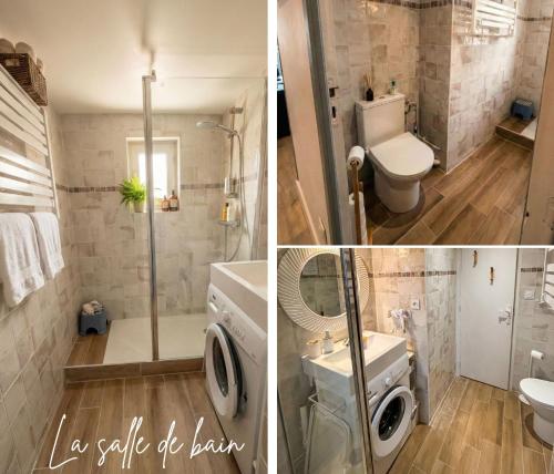 two pictures of a bathroom with a toilet and a shower at Le Van T2 Spacieux 44m2 wifi Clim in Valras-Plage