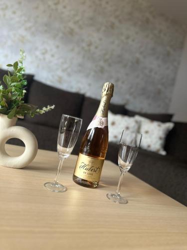 a bottle of champagne on a table with two glasses at Apartmán Emy in Bystrá