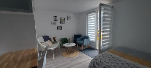 een slaapkamer met een bed, een stoel en een tafel bij Studio cosy in Écouflant