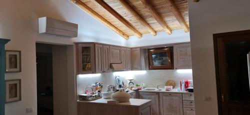 a kitchen with wooden cabinets and a wooden ceiling at Sunny House a Punta Molara in San Teodoro